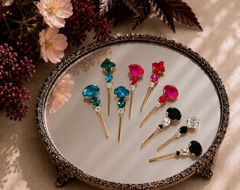 Crystal Bobby Pin Set: Turquoise, Emerald Green, Gold Hair Jewelry