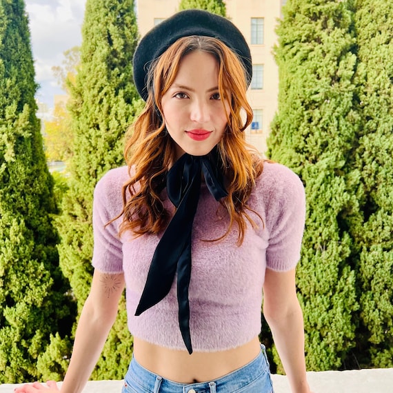 Black Beret Hat With Long Satin Ribbon Bow Neck Tie - Etsy