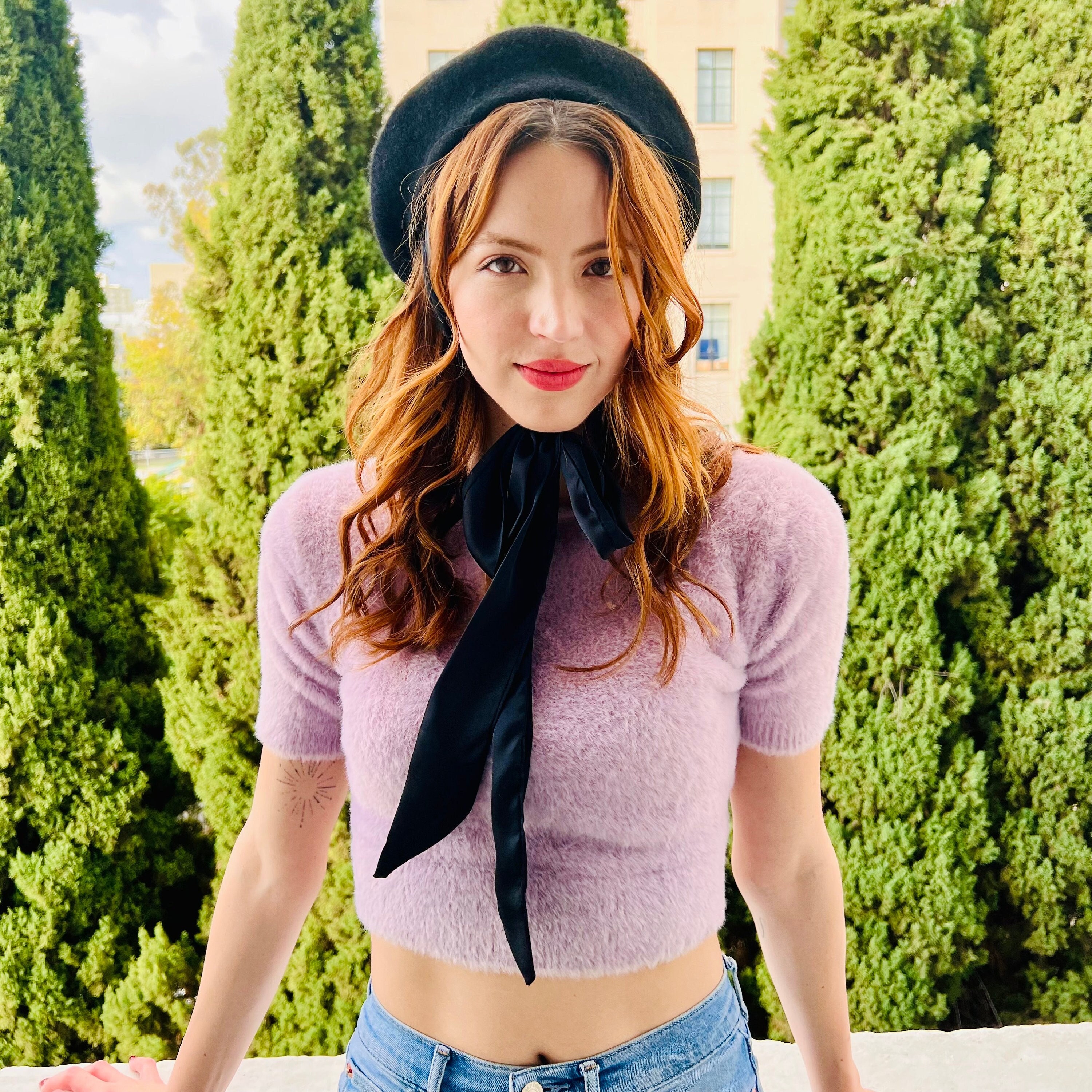 Black Beret Hat With Long Satin Ribbon Bow Neck Tie - Etsy