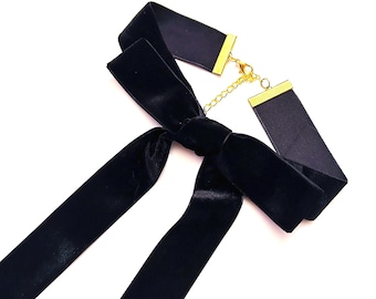 Black Velvet Bow Tie Necklace: Adjustable Gothic Ribbon Choker