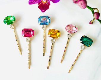 Rhinestone Jeweled Bobby Pins - Set of 6 - Vintage Style Hair Jewelry