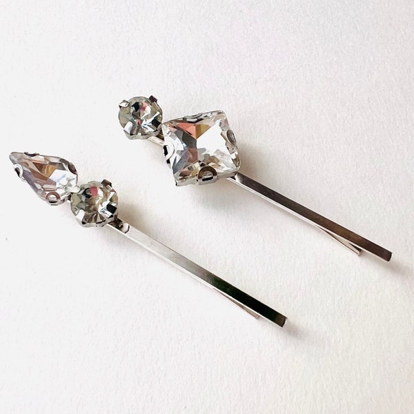 Silver Crystal Jeweled Gold Hair Pins, Set of 2, Bridal, Vintage Style, Gift