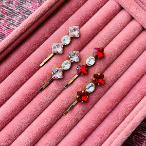 Jeweled Bobby Pins | Rosa oder Rot Kristall Haarspangen | Glitzernde Strass-Haarspangen | Zierliche Haarnadeln für Frauen | Elegantes Haar Accessoire