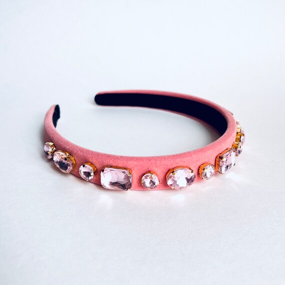 Pink Velvet and Crystal Jewel Padded Headband - Etsy display picture 3
