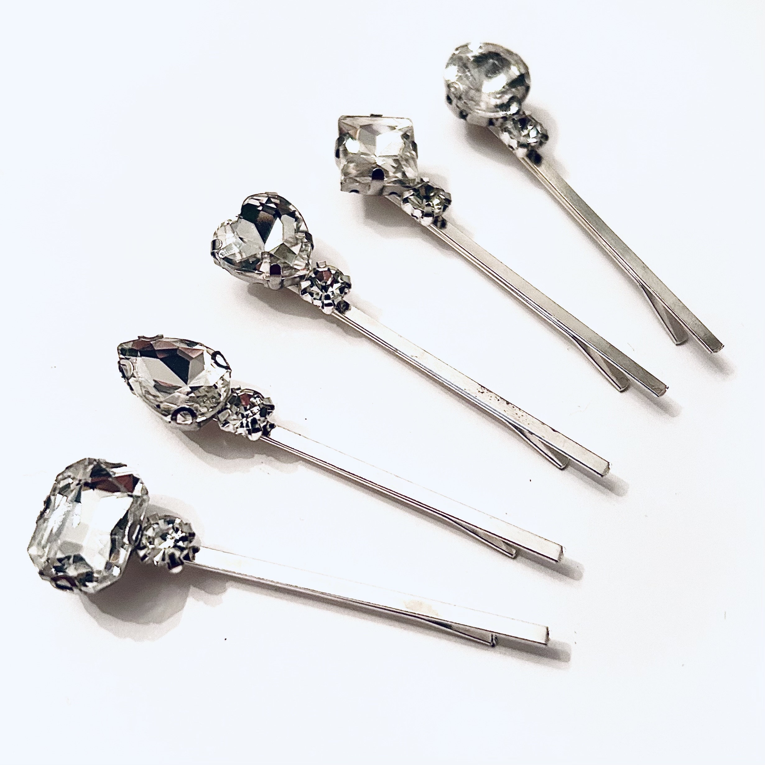 Set of 5 Silver & Glass Hair Pins Bridal Hair Pins Set of Five Silver Leaf Crystal Tall Floral  main image 3