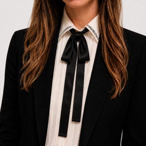 May include: A black satin pussy bow necktie worn over a cream-colored button-down shirt with delicate lace trim on the collar, layered beneath a structured black blazer. The long, smooth ribbon of the tie is knotted at the center of the neckline.
