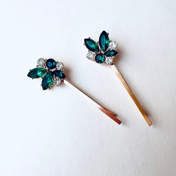 Emerald Green Rhinestone Jeweled Hair Bobby Pin Set of 2, vintage style, bridal jewelry, gift