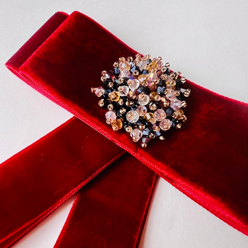 Red Ribbon Broche Red Wine Velvet Bow Brooch Pin With Beaded Centerpiece - Special ...