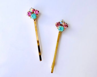 Pink and Mint Green Jeweled Hair Bobby Pin Set of 2, vintage style, art deco, bohemian, bridal, gift