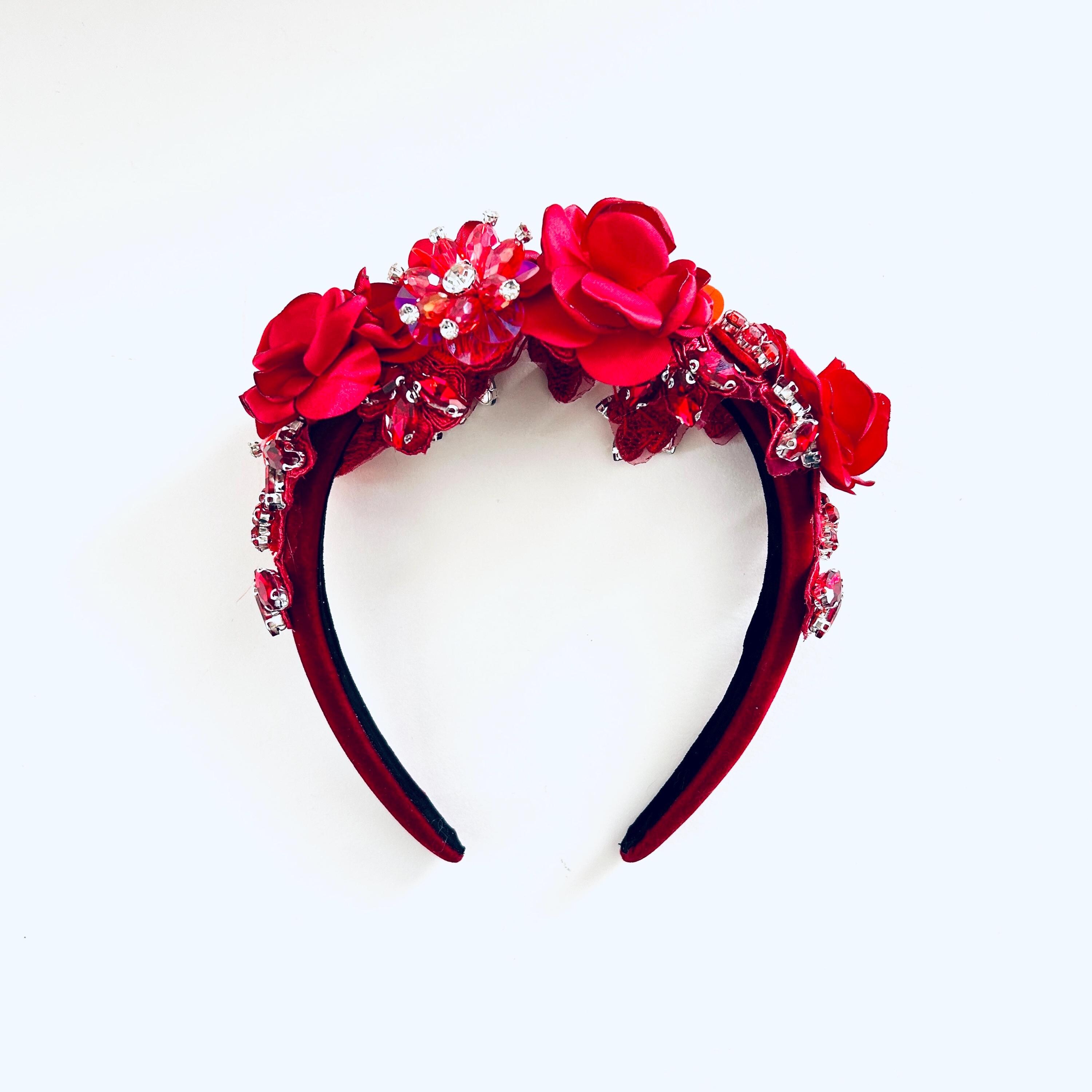 Wine Red Velvet Floral Headband: Jeweled Crown, Statement  display picture 1