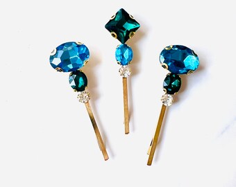 Turquoise Blue and Emerald Green Baroque Bohemian Crystal Vintage Art Deco Style Bobby Pins - Set of 3, gift, special occasion