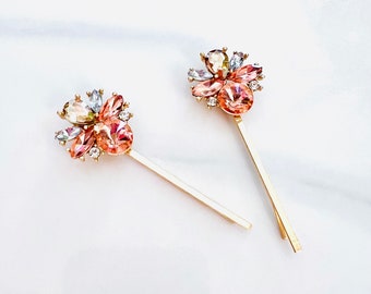 Champagne Peach Crystal Vintage Style Bobby Pins - Set of 2, bohemian, bridal, gift