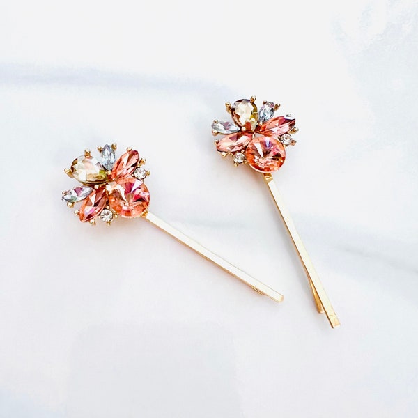 Champagne Peach Crystal Vintage Style Bobby Pins - Set of 2, bohemian, bridal, gift