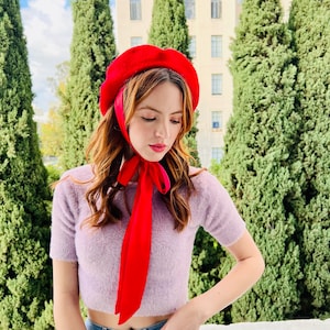 red wool beret hat with large ribbon bow tie, velvet, boho, bohemian, french, retro, vintage, 60s, 70s, handmade, custom made, gift womens, girls, adjustable, black, red, accessory, hair, wig, leather, knit, woven, plaid, turban, bonnet, lace, silk.