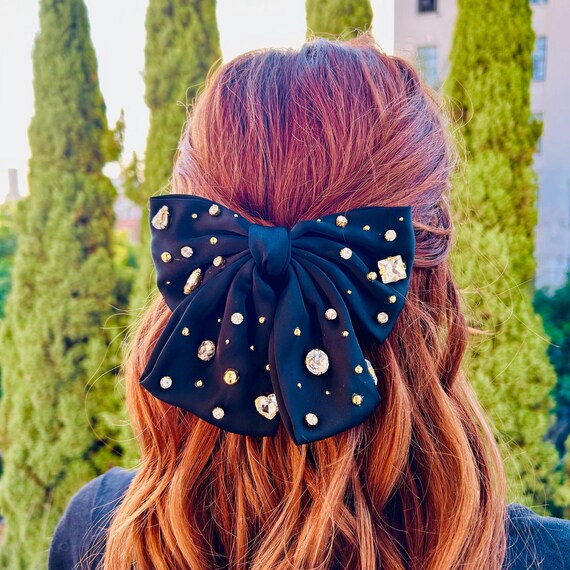 Sparkly Rhinestone black satin bow headband ￼ Rhinestone Bow Headband : AC63 - Just For Kix main image 2