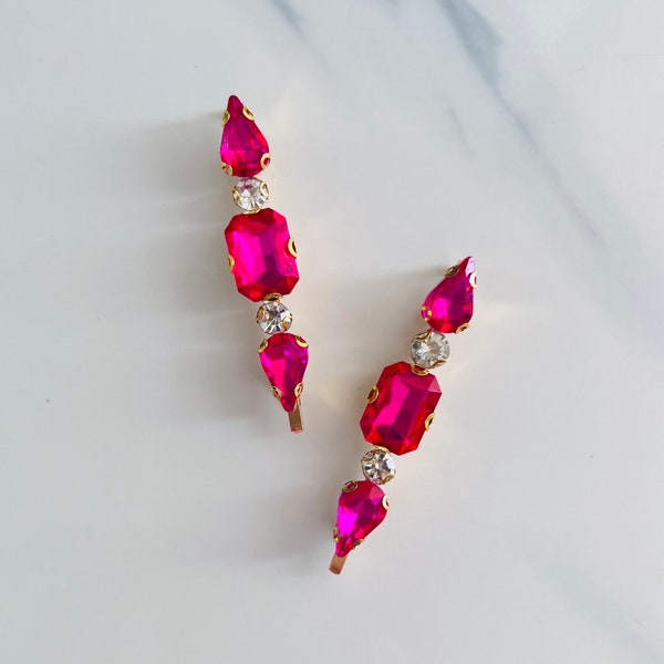 Rhinestone Fuchsia Pink Jeweled Gold Hair Pin Barrettes - Set of 2, bridal, gift, special occasion