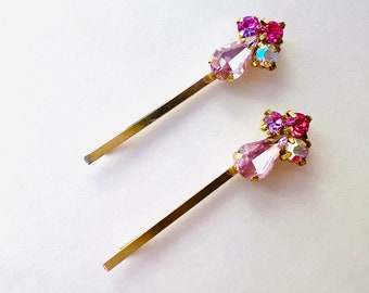 Pink Rainbow Iridescent Jeweled Gold Hair Bobby Pin Set, Bridal, Vintage Style, Gift