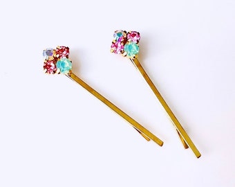 Pink and Mint Green Jeweled Hair Bobby Pin Set of 2, vintage style, art deco, bohemian, bridal, gift