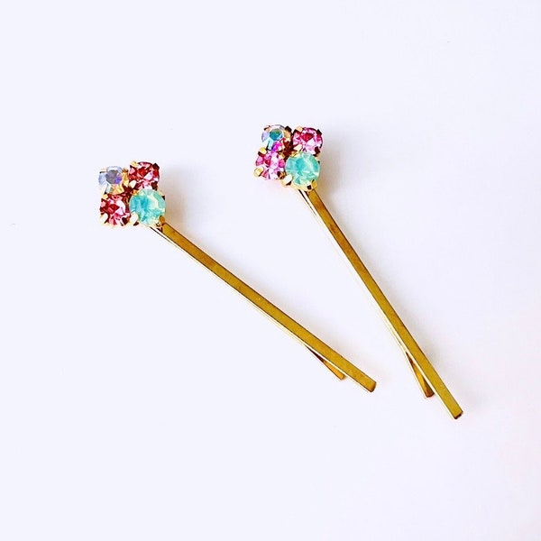 Pink and Mint Green Jeweled Hair Bobby Pin Set of 2, vintage style, art deco, bohemian, bridal, gift