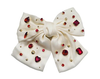 Ruby Red and Gold Jeweled Ivory Hair Bow Barette Clip