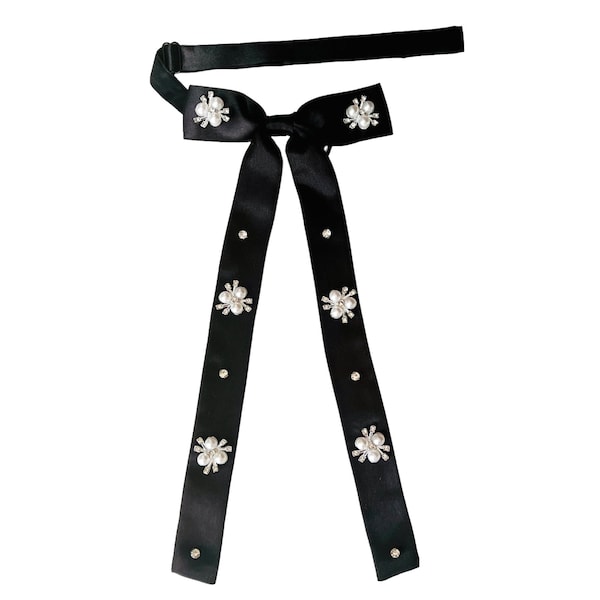 Western Satin Adjustable Bow Necktie with Pearls and Rhinestones