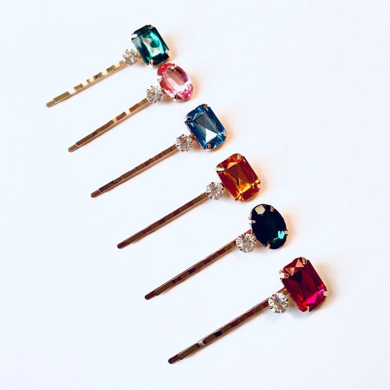 jeweled gemstone gold hair clip barrette, custom handmade, rhinestone, glitter, rose pink, jewel tones, bobby pin, wedding party, teardrop, bachelorette, gift set, special occasion, crown, tiara, costume headpiece, halo.