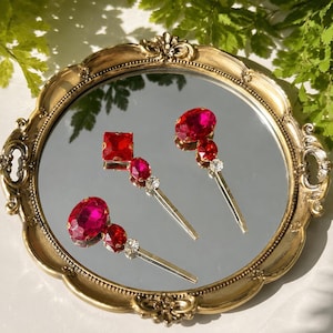 Horquillas para el cabello de cristal rojo rubí y rosa - Juego de 3, joyería para el cabello de estilo vintage, pasador para el cabello, damas de honor, regalo