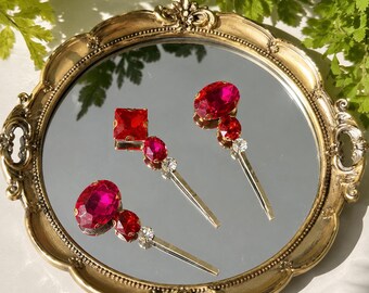 Ruby Red and Pink Crystal Bobby Pins - Set of 3, Vintage Style Hair Jewelry, Hair Slide, Bridesmaids, Gift