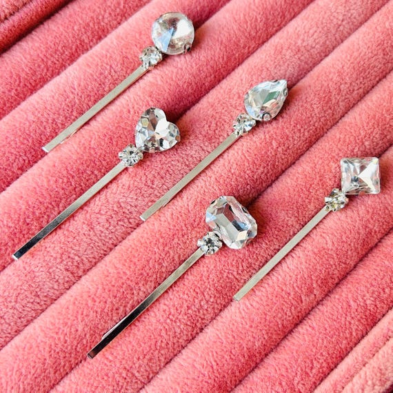 Silver Crystal Bobby Pins - Set of 5 Vintage Style Hair  display picture 3
