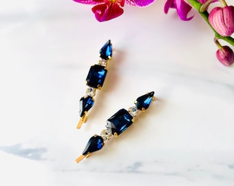 Sapphire Blue Jewel Hair Pin Set: Vintage Style Rhinestone Barrette