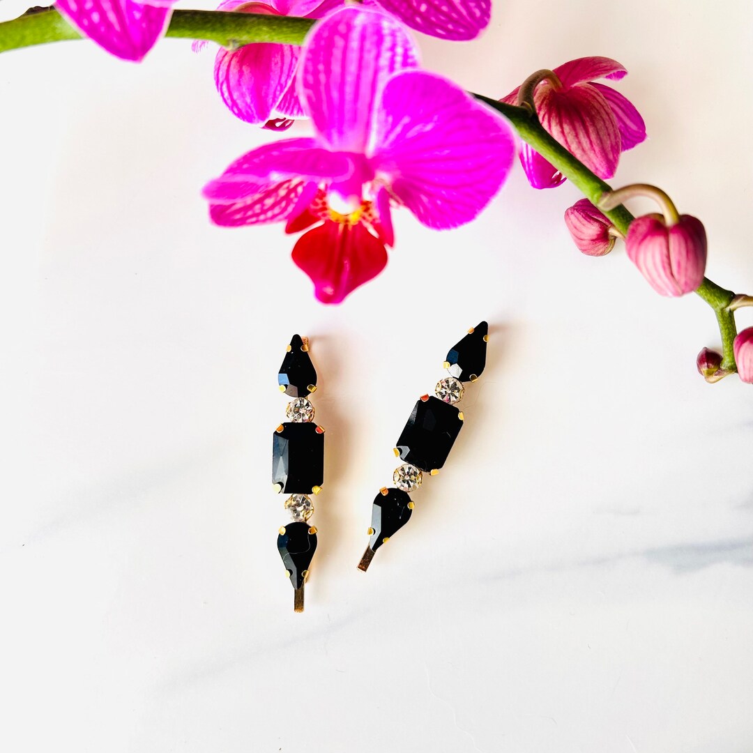 Black Jeweled Teardrop Hair Pin Set - Etsy