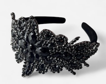 Black Floral Jeweled Headband – Sparkly Wedding, Prom and Festival Hair Accessory, Statement Headpiece