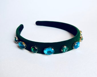 Emerald Green and Turquoise Velvet Crystal Jeweled Headband