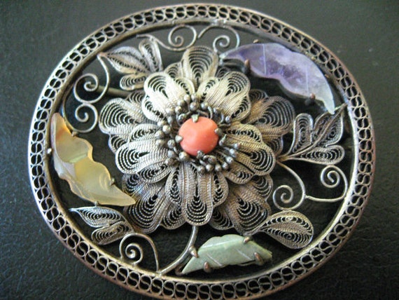 Asian silver brooch with semi precious stones - image 1