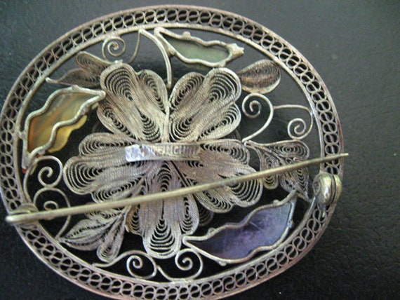 Asian silver brooch with semi precious stones - image 2
