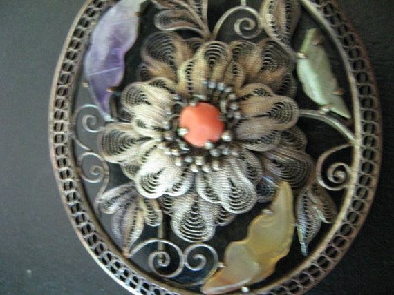 Asian silver brooch with semi precious stones - image 3