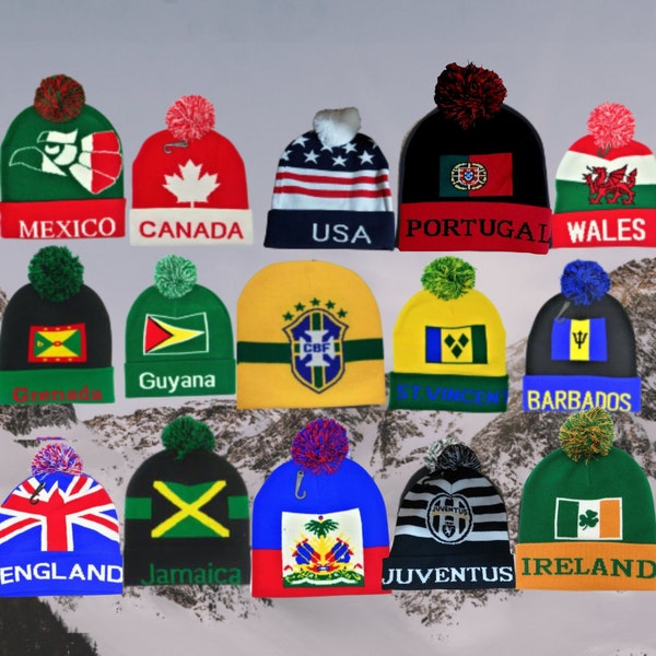 Country Flags Beanie Toque/Portugal Beanie Winter Cap/Brazil Flag Cap/Wales Pom Pom/Canada Knitted Toque/England Flag Beanie/Souvenir/Gift