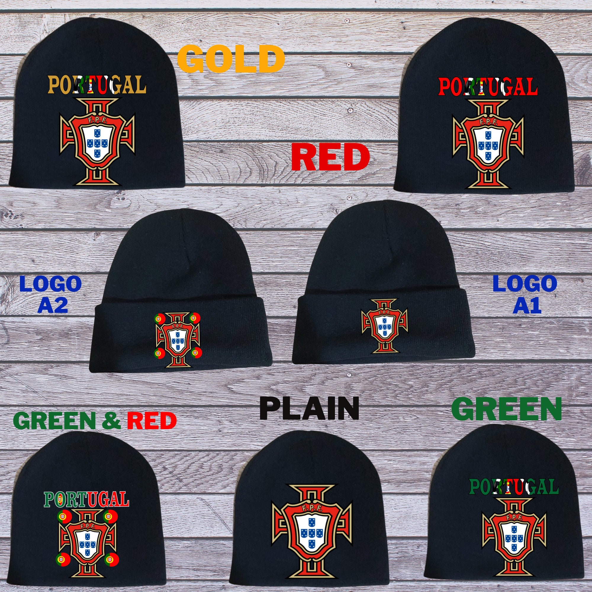 Portugal Flag Shield Patched Beanie Hat - Knit Toque In Black, Red, Or Pink - View #2
