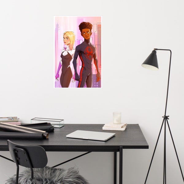 Miles Morales and Gwen Stacy aka Spider Man and Spider Gwen, Spider Verse Movie Print Fan Art | Color Illustration