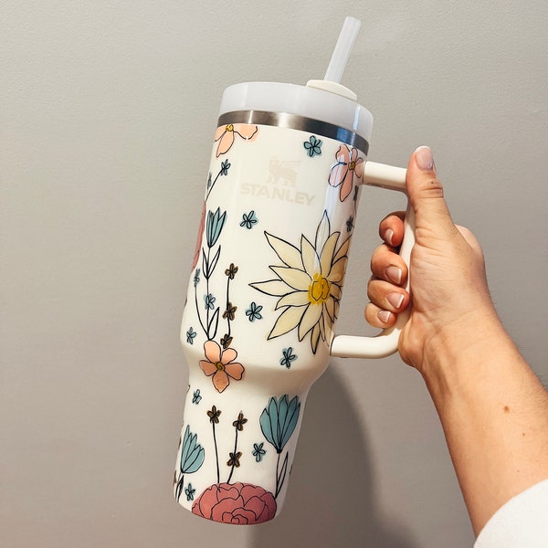 Muted, Neutral Floral Painted Stanley Tumbler