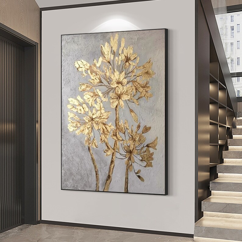 Abstract Gold Foil Flower Oil Painting on Canvas Original Etsy