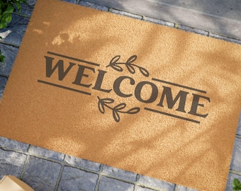Welcome doormat | Natural coir entry mat with leaf accents
