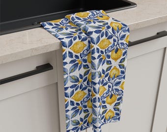 Theedoek met citroentegelpatroon | Mediterraan blauw geel keukendecor