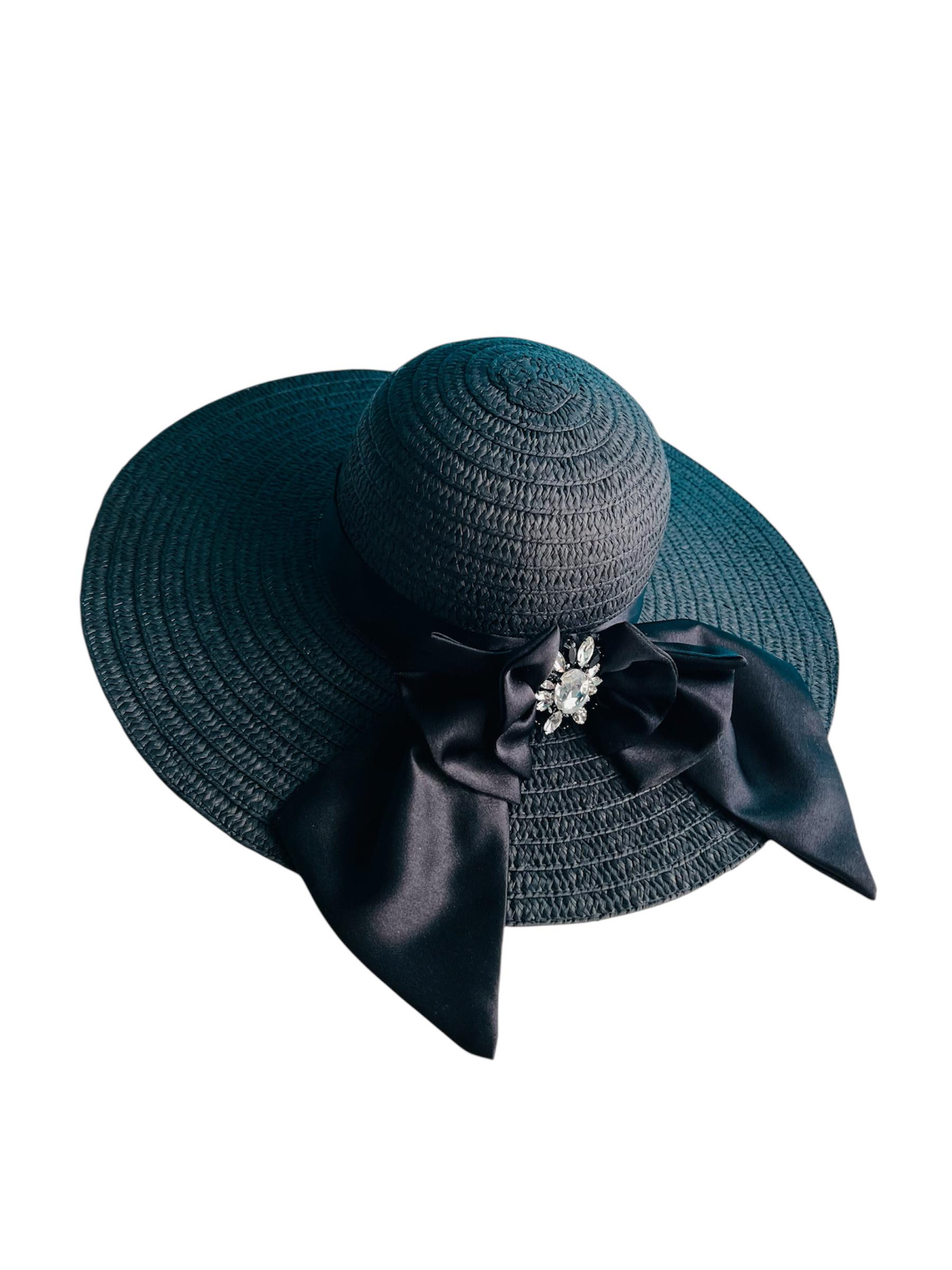 Elegant Black Summer Hat With Bow Rhinestone, Women, Black 