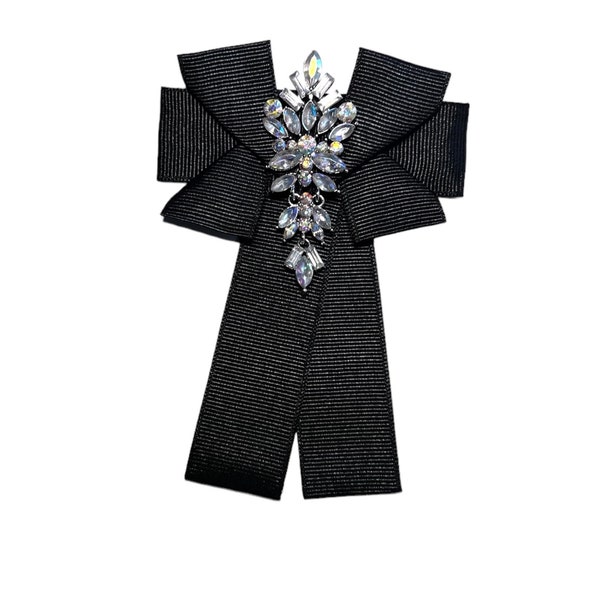 Schwarze Schleifen Brosche Damenschmuck Accessoire black Ribbon Bow Brooch Ensemble, Perlen Brosche, Strass Brosche, Perlenschmuck