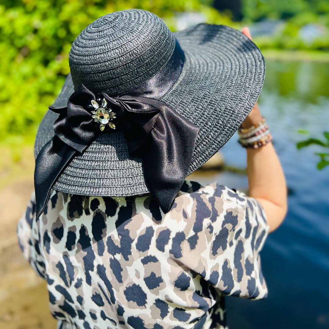 Elegant Black Summer Hat With Bow Rhinestone, Women, Black  display picture 2