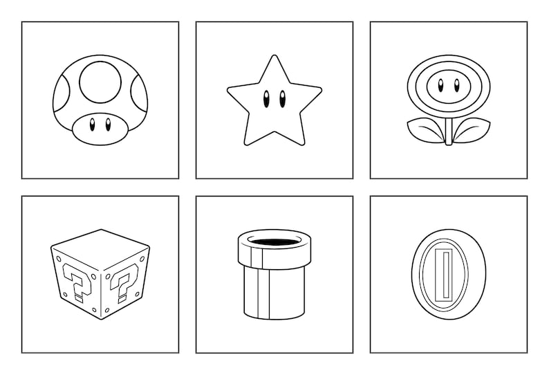May include: Black and white line art illustrations of various Super Mario Bros. game items. The items include a mushroom, a star, a flower, a question block, a pipe, and a coin.