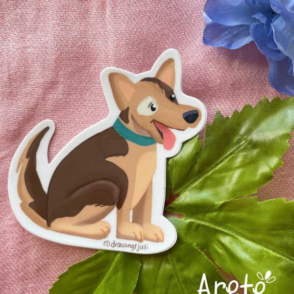 3x3 in Happy brown and Tan Cartoony Dog Sticker. Weatherproof stickers for Dog and animal lovers.