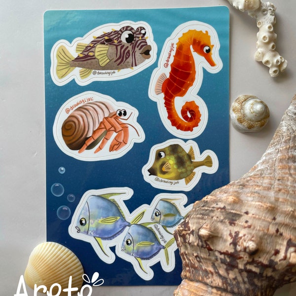 5 PCs cartoony ocean life Sticker sheet, Ocean Animal Stickers, 4x6in Sticker sheet, hand-drawn aquatic animals. For animal and ocean lovers