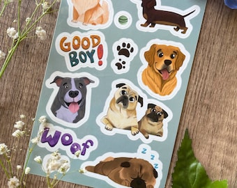 11PCs Cartoony Doggie Sticker Sheet, Dog stickers, 4x6in sticker sheet, hand-drawn dogs  lettering, Pet Stickers for animal and pet lovers
